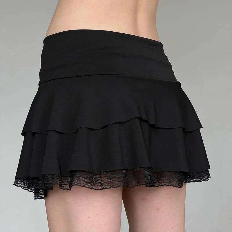 Dark Academia Lace A-line Mini Skirt Black Low Waisted Bow Stitching Short Skirts Y2K Gothic Cute Bottoms Streetwear Z260314