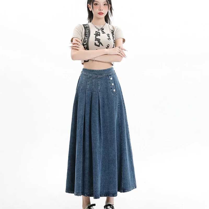 Retro Light Blue Pleated Denim Skirt for Womens 2026 New Design Sense Button Elastic High Waist A-line Mid-length Half Skirts M260314