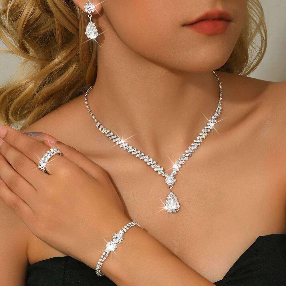Women's Silver Crystal 4-Piece Jewelry Set - Bridal Necklace Earrings Ring Bracelet for Wedding Prom Evening Party Formal Dress Z260313