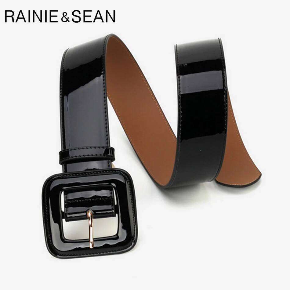 RAINIE SEAN Wide Female Dress Belts Patent Leather Genuine Cowhide Black Elegant French Luxury Women Waist Belt Z260226