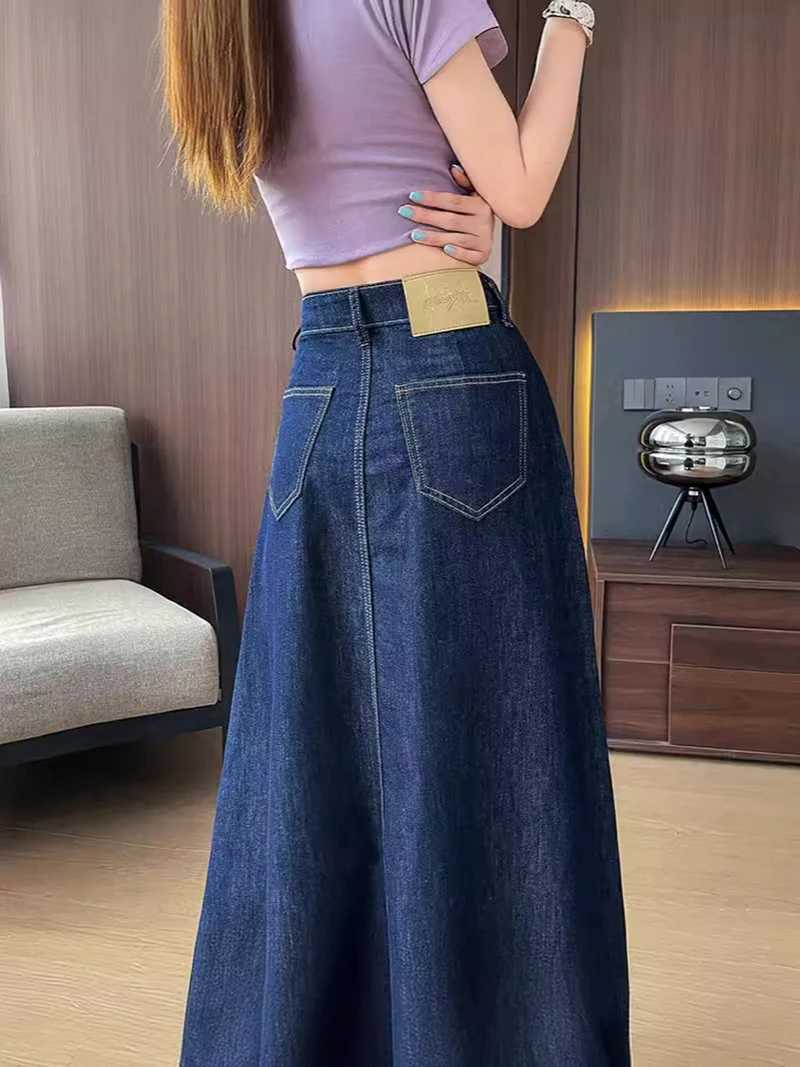 Deep Blue Denim Half Skirt Summer Womens High Waist A-line Midskirts Korean Versatile Slim Fit Skirts Oversized S-3XL M260314