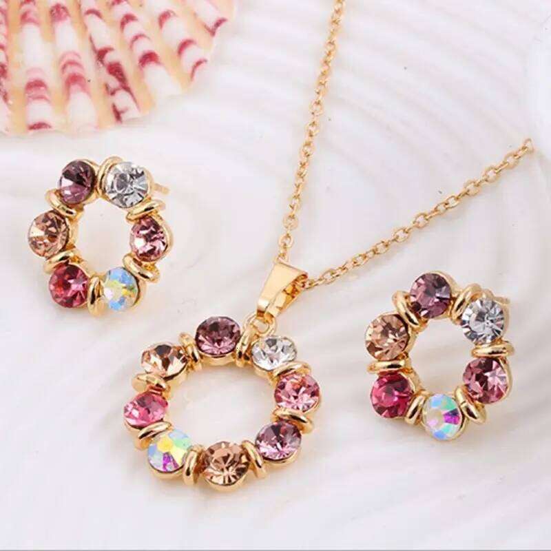 3pcs Gold Necklace Earrings Set Ladies Celebrity Simple Fashion Style Exquisite Stained Glass Diamond Circle Shape Jewelry Z260313