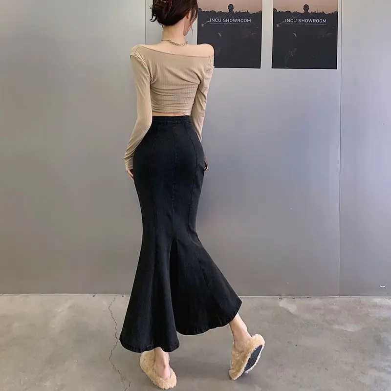 2026 Solid Slimming High Waist Midi A- Line Skirt Woman Trumpet Sides for Women Denim Half-length Skirt with Flounce M260314