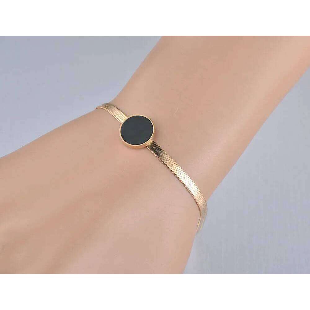 Stainless Steel Simple Black Round Flat Snake Chain Bracelet Gold Plated Geometric Women's Jewelry 99 Cents for 3 Items B18003 Z260313