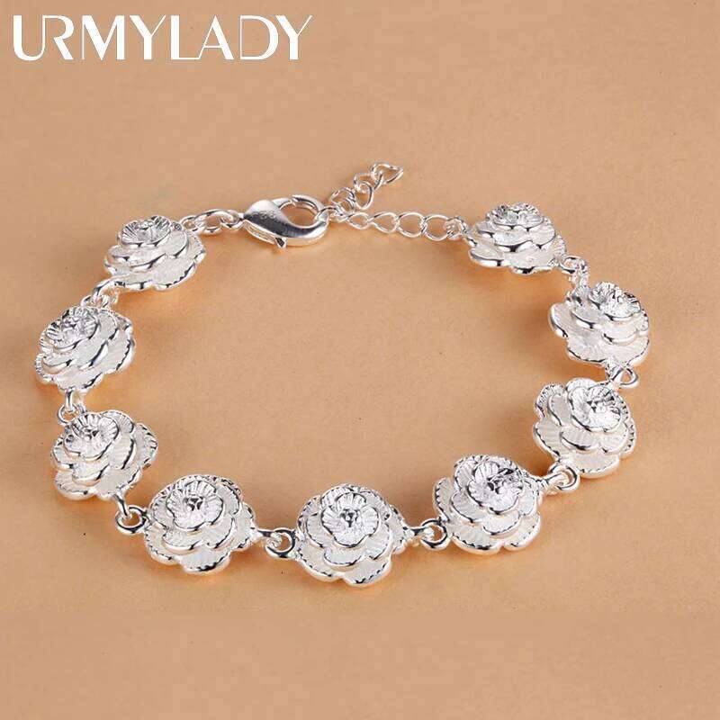 Charm 925 Sterling Silver Rose Flower Chain Bracelet For Women Fashion Pretty Party wedding accessories gift fine luxury Jewelry Z260313