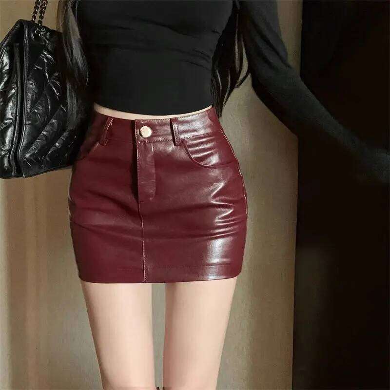 2025 New Sexy Red Pu Leather Women's High Waist A-shaped Skirt Z260314