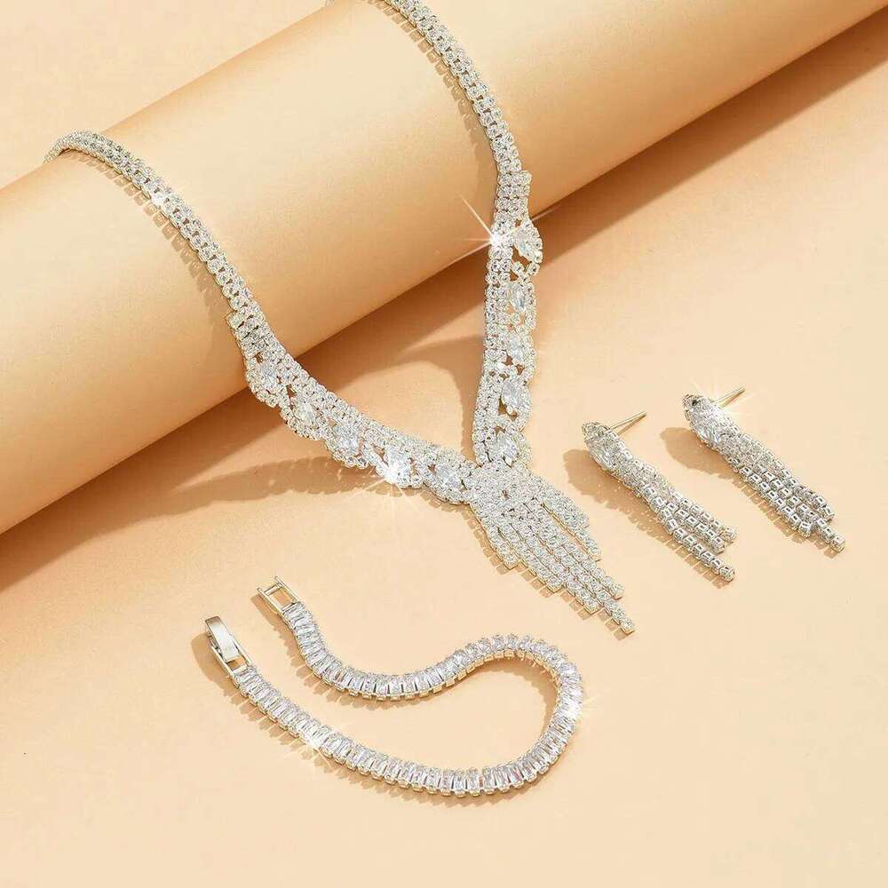 4PC Women's Sparkling Design Tassel Necklace Earrings Bracelet Set, Suitable for Party, Banquet Accessories, Festival Gifts Z260313