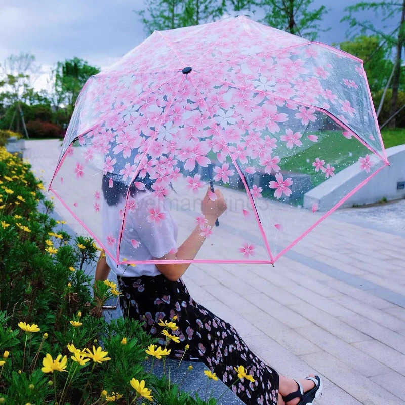 Creative Hand Movement Transparent Male Female Umbrella Cherry Blossom Style Personalized Couple Student Clear Beach Umbrella H260314