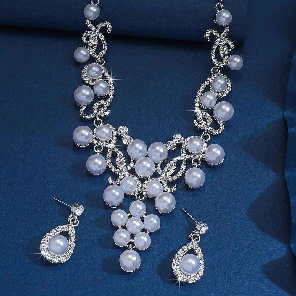 3pcs women's jewelry set, alloy water droplet shaped flower pearl necklace earrings, bride's wedding accessories Z260313