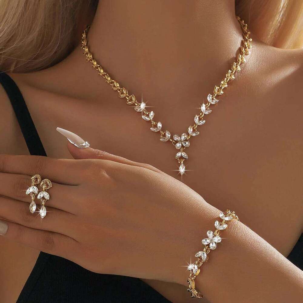 Luxury Gold Crystal Jewelry Set Women Necklace Earrings Ring Bracelet Shiny Floral Style Party Wedding Accessories Z260313