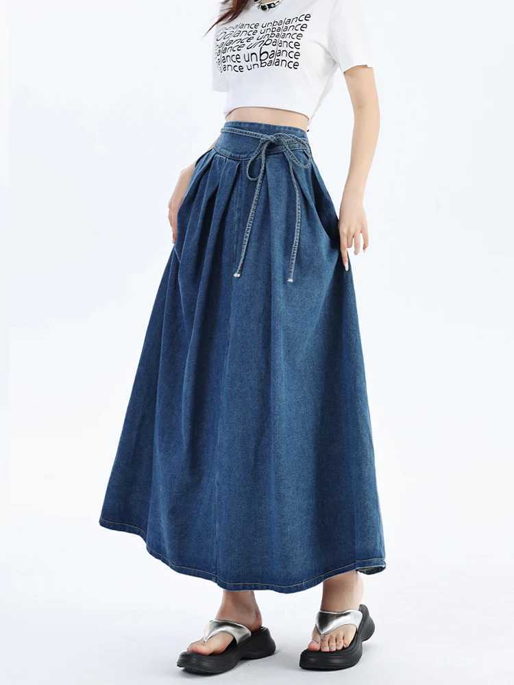 Autumn 2024 New High Elastic Waist Long Denim Skirt For Women Korean Style Streetwear Lace-up Blue Maxi Jeans Skirts Female M260314