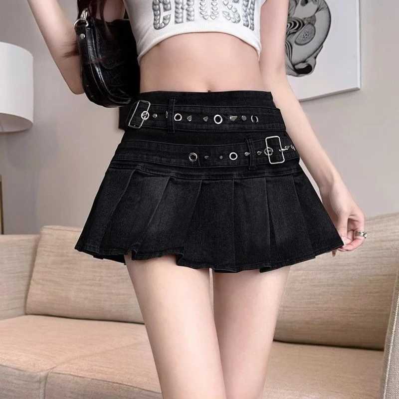 Vintage Denim Skirt Women Sexy Spicy Pleated Mini Skirt Punk BlaCK GoTHic Streetwear Short Jean Skirts AesTHetics M260314