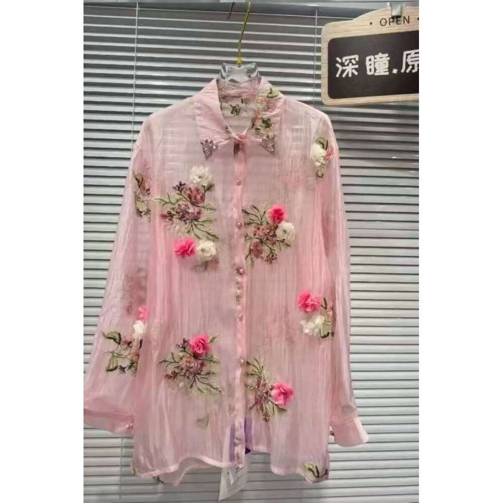 New In Summer Diamonds Flowers Embroidery Shirts Blouses For Women Long Sleeve Thin Sunscreen Loose Casual Top Cardigan MAKOUFEI