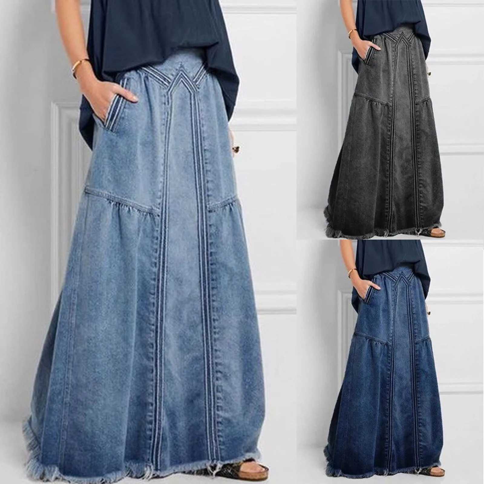 Womens Denim skirt Patchwork Casual Loose Skirts WiTH PoCKets Solid Color RETRO fashion faldas cool street long skirt M260314