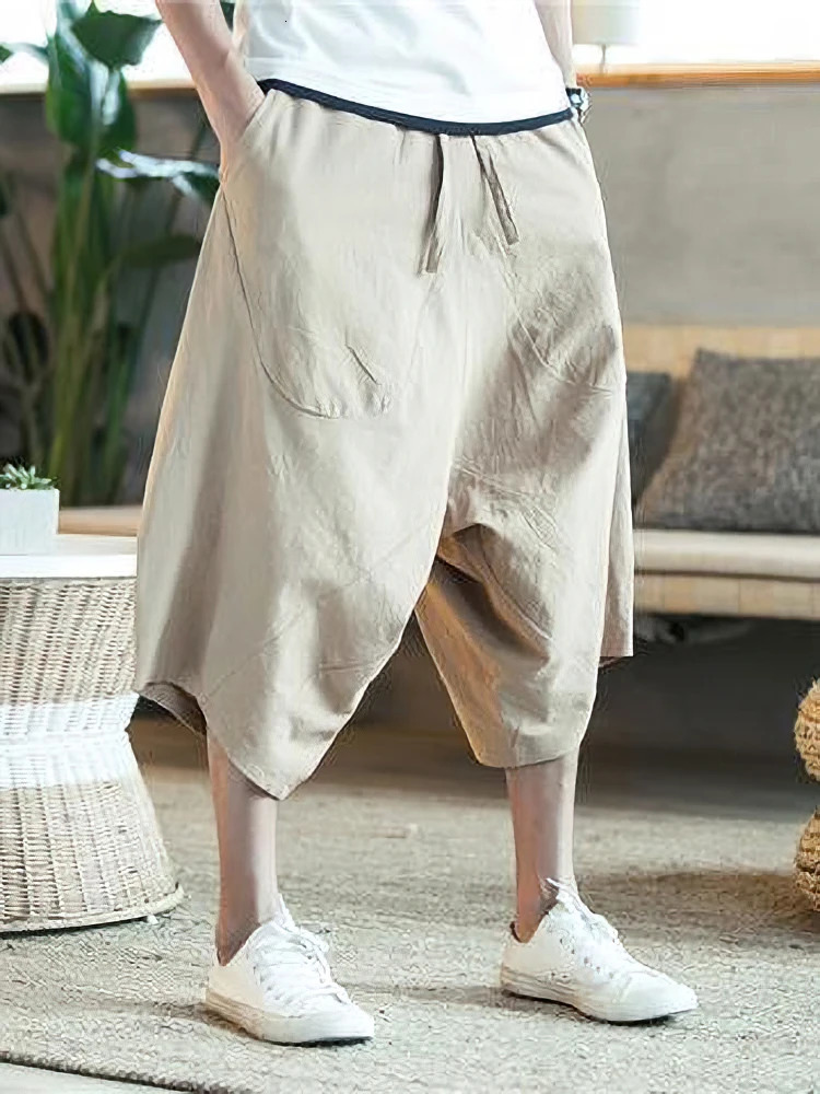 Summer Thin Beach Cotton Linen Casual Shorts Men Japenese Wide Leg Baggy Capris Pants Male Sport Running Shorts 260311