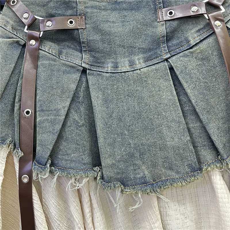 RETRO Spliced Denim Pleated Skirt for Women Summer New Temperament Hot Fashionable High Waist A-line Skirt M260314