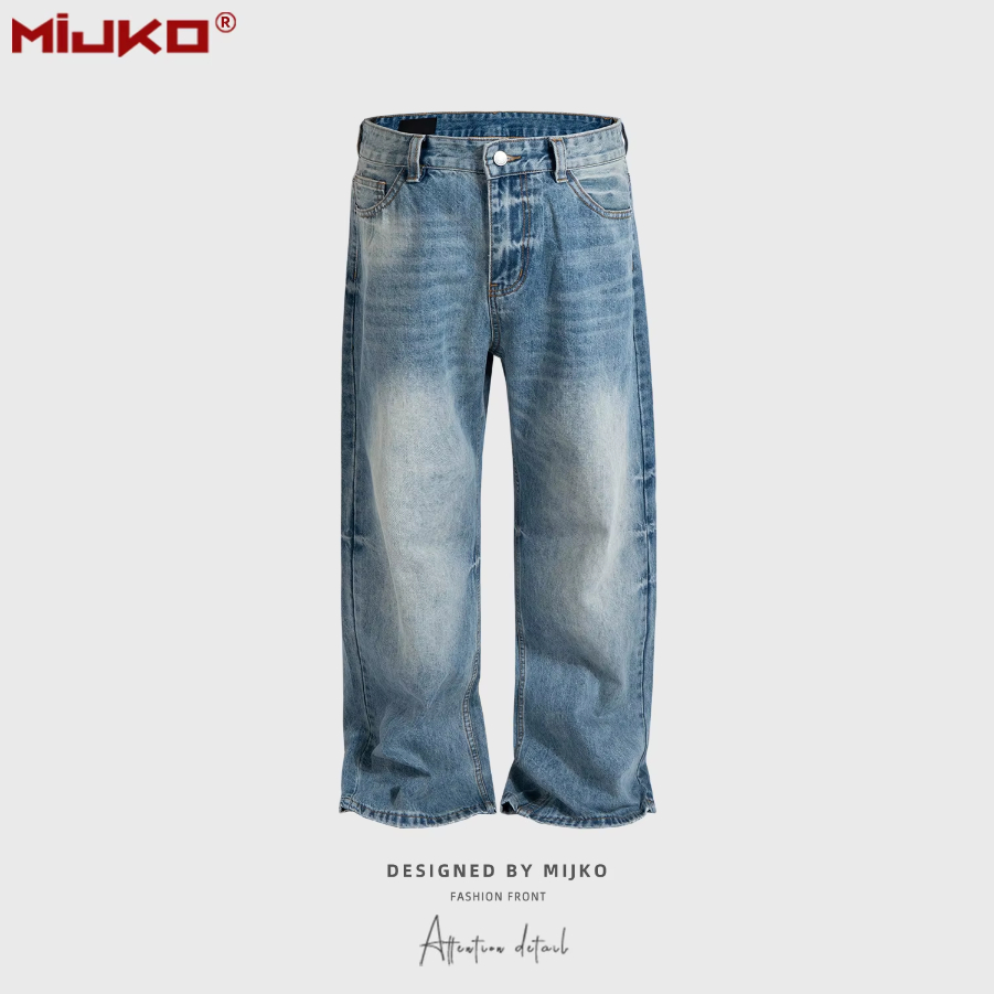 MIJKO Men's and Women's Washed and Aged Jeans Unisex with Rhinestone Faded Wide Straight Leg Blue Jeans