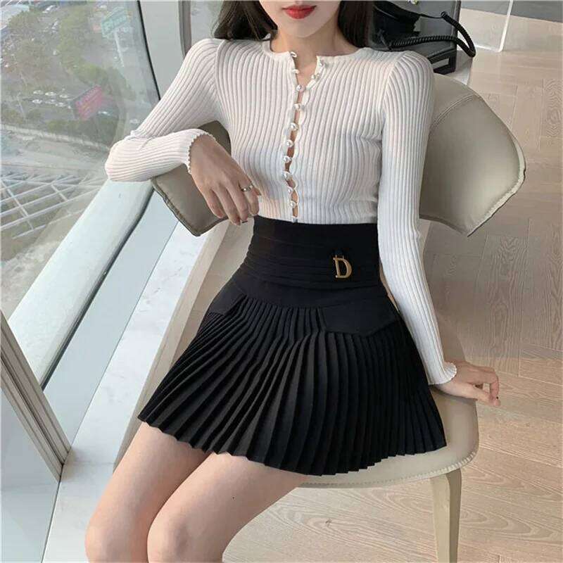 White Pleated Waist Skater Female Korean A-Line High Fashion Casual Short Skirt Women Bottoms Z260314