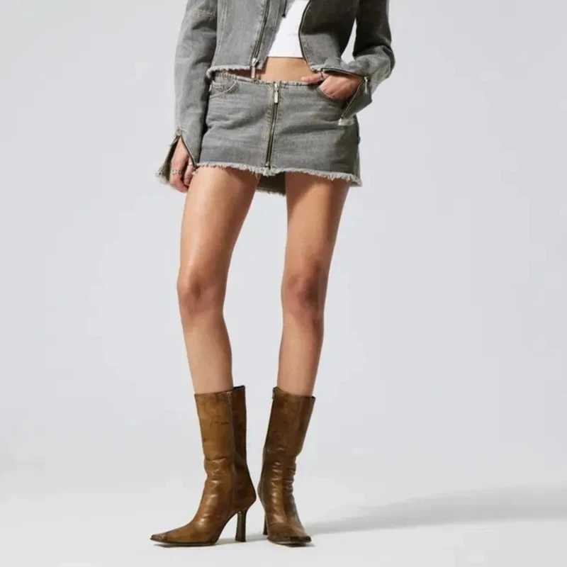 New fashionable street women gray denim zipper skirt retro frayed low-waist skirt Harajuku trendy casual sexy skirt M260314