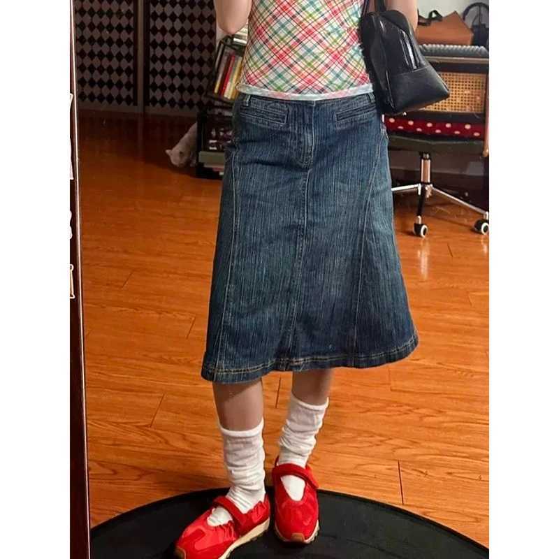 Autumn High Waist Denim Mini Blue Skirt Women Vintage Slit A- Line Hip Concealing Mid-Length Cotton Jeans Skirts Female Fashion M260314