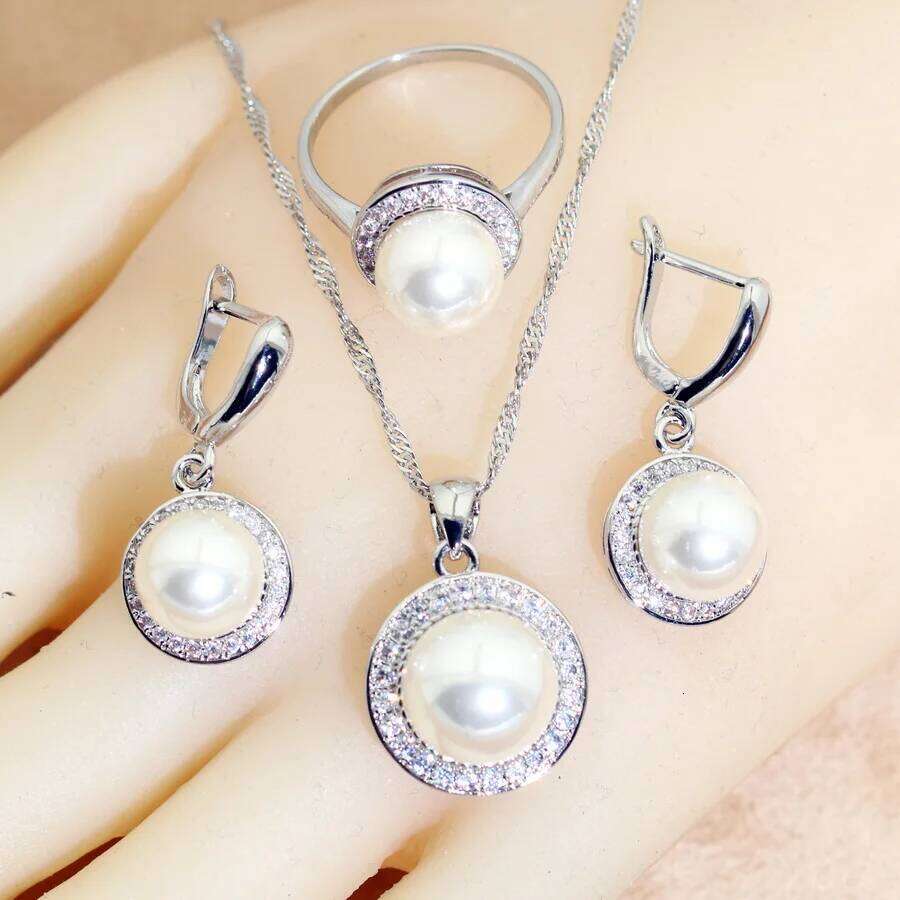 AAA Pearl White Zircon Silver 925 Sets Bridal Earrings For Women Ring Pendant Necklace Set Wedding Jewelry Gift Z260313