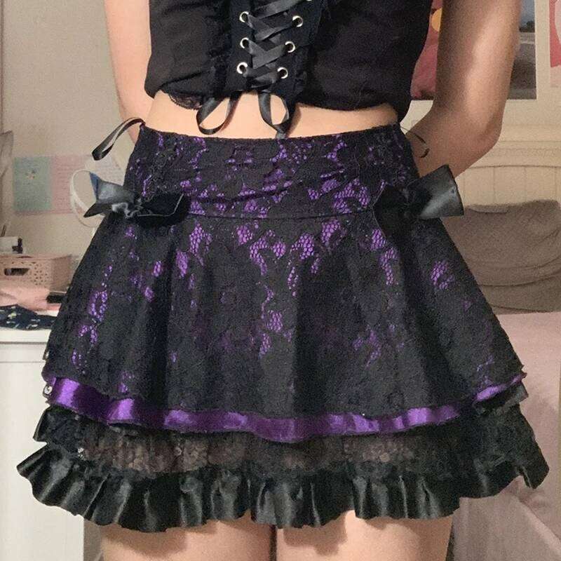 Goth Dark Mall Gothic Aesthetic Velvet Pleated Mini Skirts Women Vintage Harajuku Emo Alt Clothes High Waist Lace Ruffles Skirt Z260314