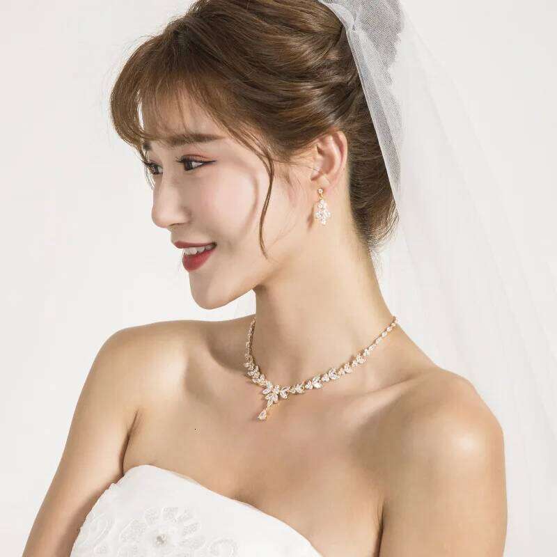 Ekopdee Luxury Brilliant Leaf Jewelry Set For Women Zircon Silver Color Wedding Bridal Necklace Earrings 2021 New Parure Bijoux Z260313