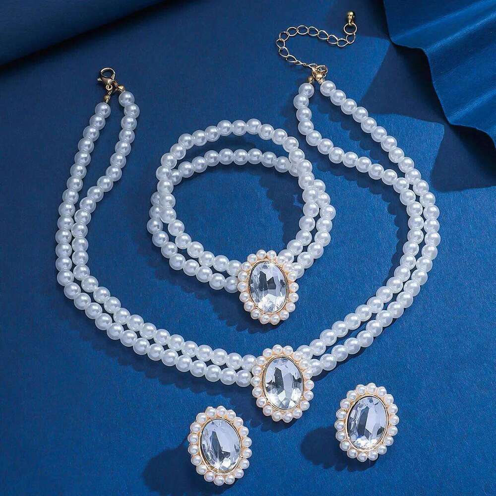 "Vintage Pearl 3-Piece Set Necklace Bracelet Earrings Oval Crystal Party Retro Jewelry" Z260313