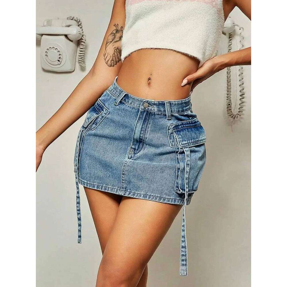 New Cargo Women Y2k Button Mini Jeans Denim Skirt with Pocket Low Waist Z260314