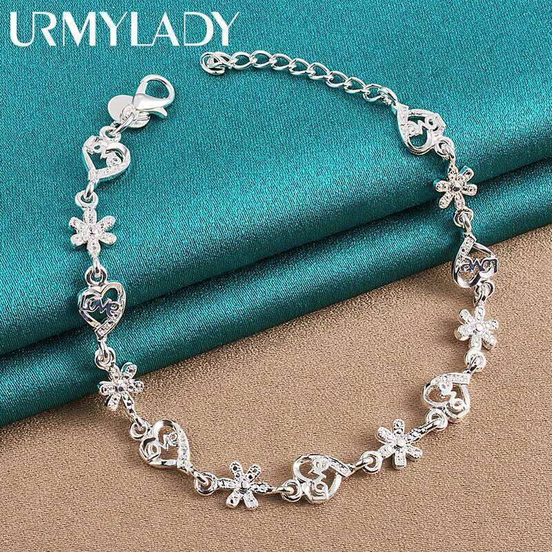 URMYLADY 925 Sterling Silver Flower Love Heart Bracelet For Women Wedding Fashion Gift Jewelry Z260313