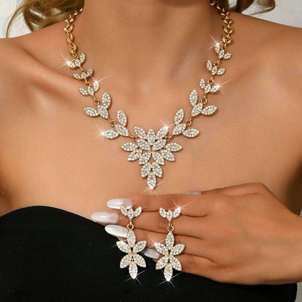 Cross border bride jewelry necklace, earrings, leaves inlaid with diamonds, two-piece set, exquisite wedding accessories, Z260313