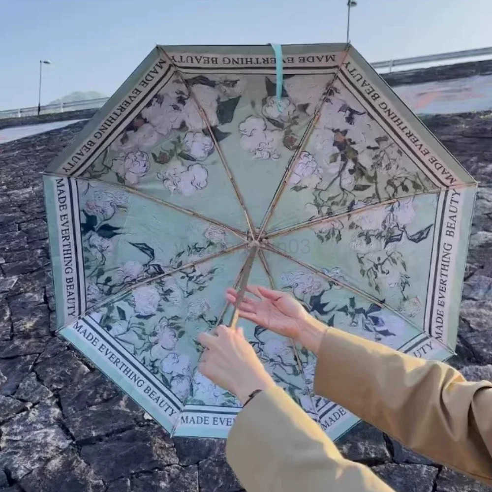 Double Layer Umbrella Wood Handle Vintage Floral Three Fold Umbrellas Foldable Uv Protection Sunshade Sun Protection Umbrellas H260314