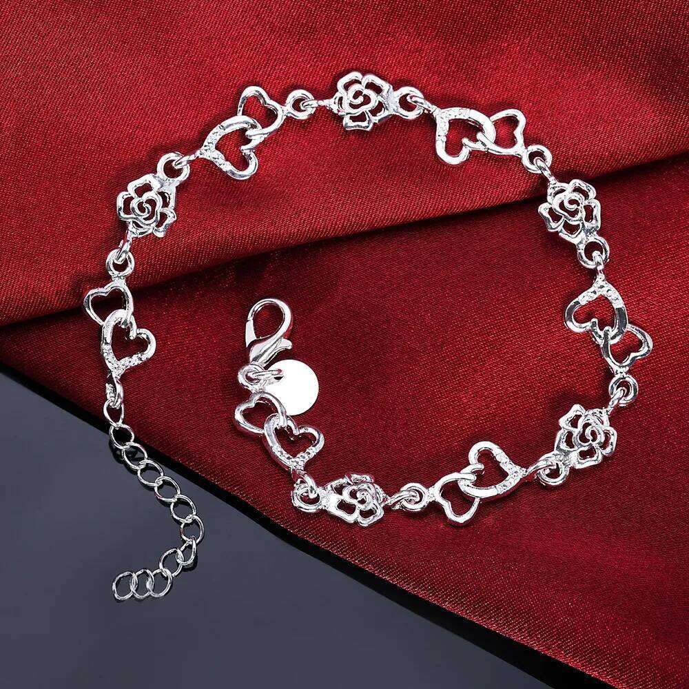 Beautiful 925 Sterling Silver Bracelet for women bracelet HEART lovely FLOWER chain fashion Wedding Party cute lady nice jewelry Z260313