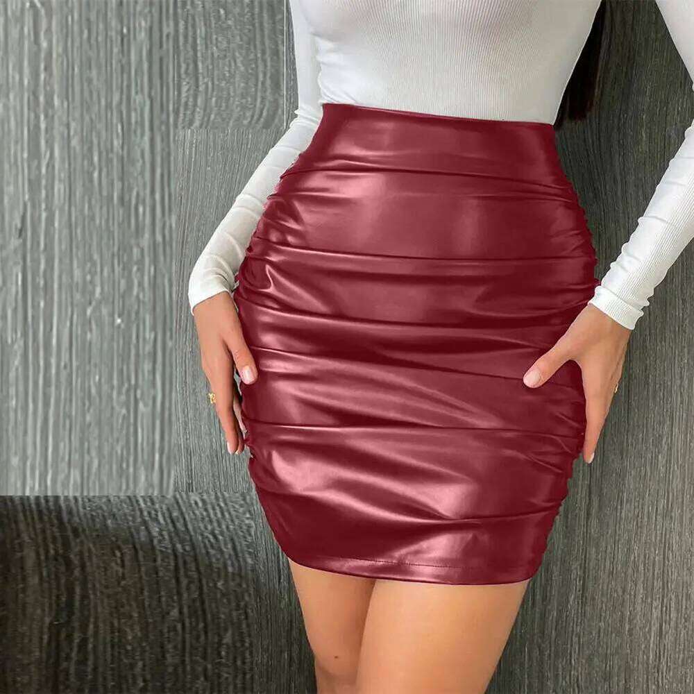 Clubwear Party Mini Skirt High Waist Faux Leather Sheath with Pleated Zipper Smooth Breathable for Women Z260314