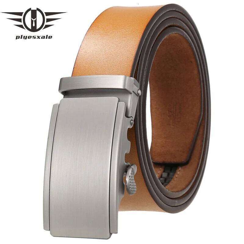 Plyesxale New Fashion Yellow Brown Ratchet Belt For Men 100% Genuine Leather Automatic Buckle Casual Trouser Belts Strap B767 Z260226