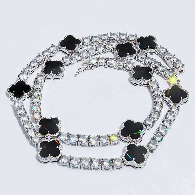 Hip Hop Fine Jewelry Passd Diamond Tester 925 Silver 3MM 4MM 5MM Moissanite Black Agate Clover Tennis Chain for Men Women