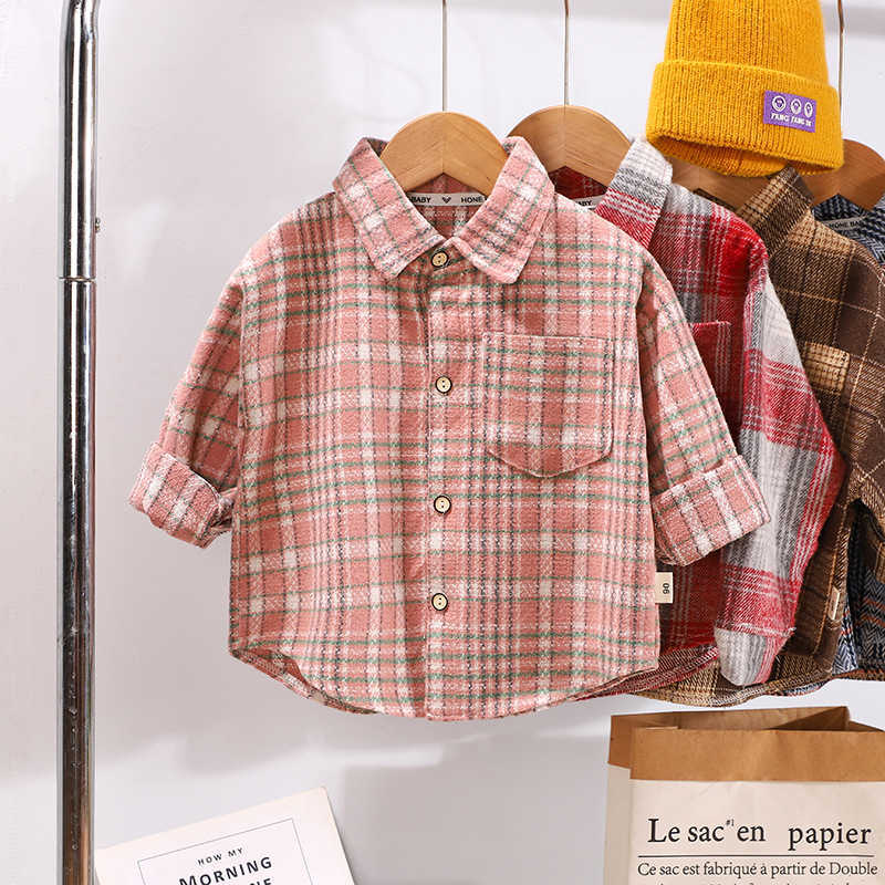 Cardigan Children's Spring and Autumn New Plaid Shirt for Young Boys and Girls Long Sleeve Top Jacket Brushed Wool Shirt