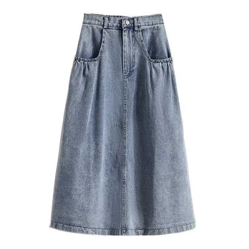 High Waist A- Line Mini Skirt Loose Fit Casual Washed Denim Solid Color Hong Kong Style plus Size Womens Fashion Skirts M260314