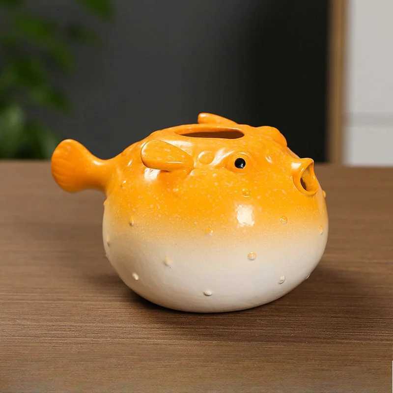 Fish Ceramic Succulent Planter Globefish Pottery Bonsai Pot Cactus Plant Flowerpot Air Plant Holder Display for Home Office Desk Y260314
