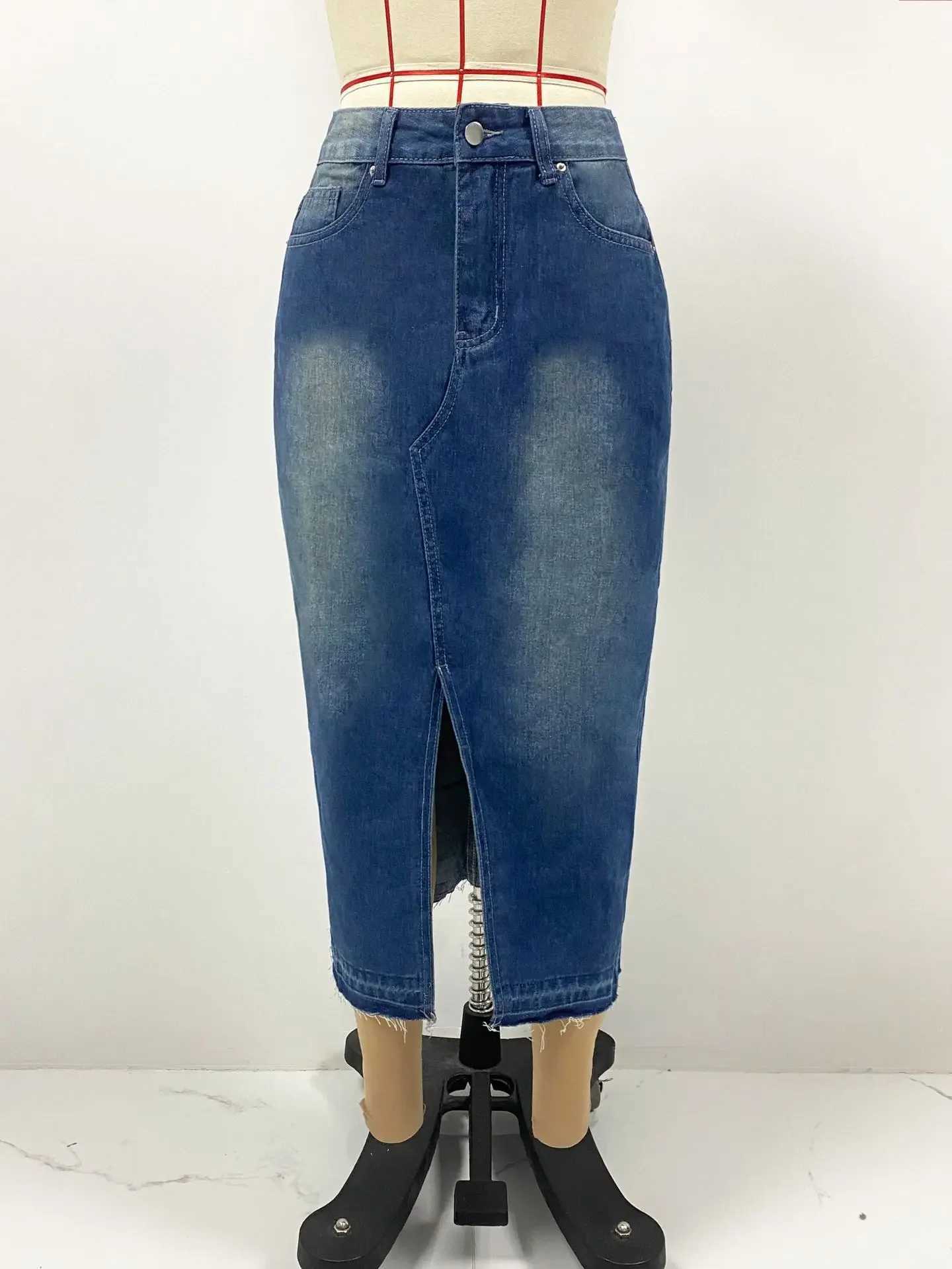 Streetwear Women Vintage Denim Long Skirt Slim High Waist Washed Distressed Button Pockets A Line Casual Female Split Skirts M260314