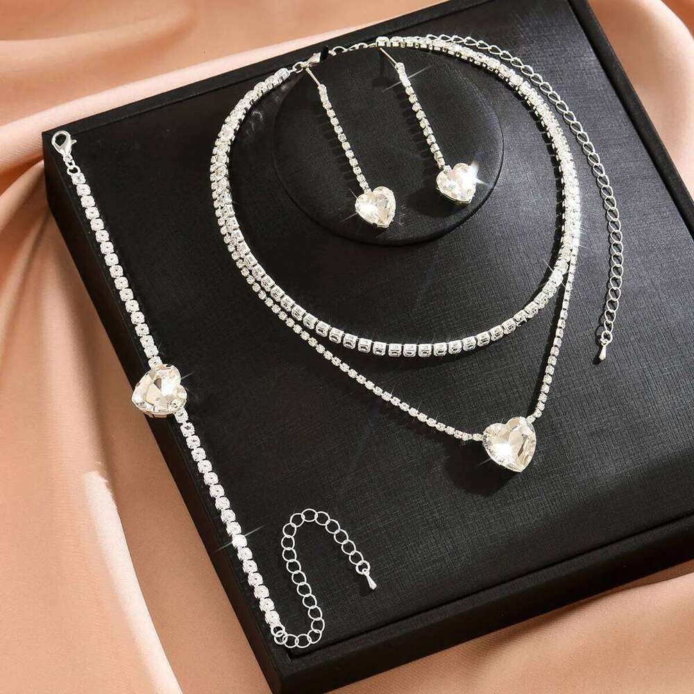 Double Layer Heart Crystal Jewelry Set Necklace+Earrings+Bracelet Shiny for Women Party Wedding Accessories Z260313