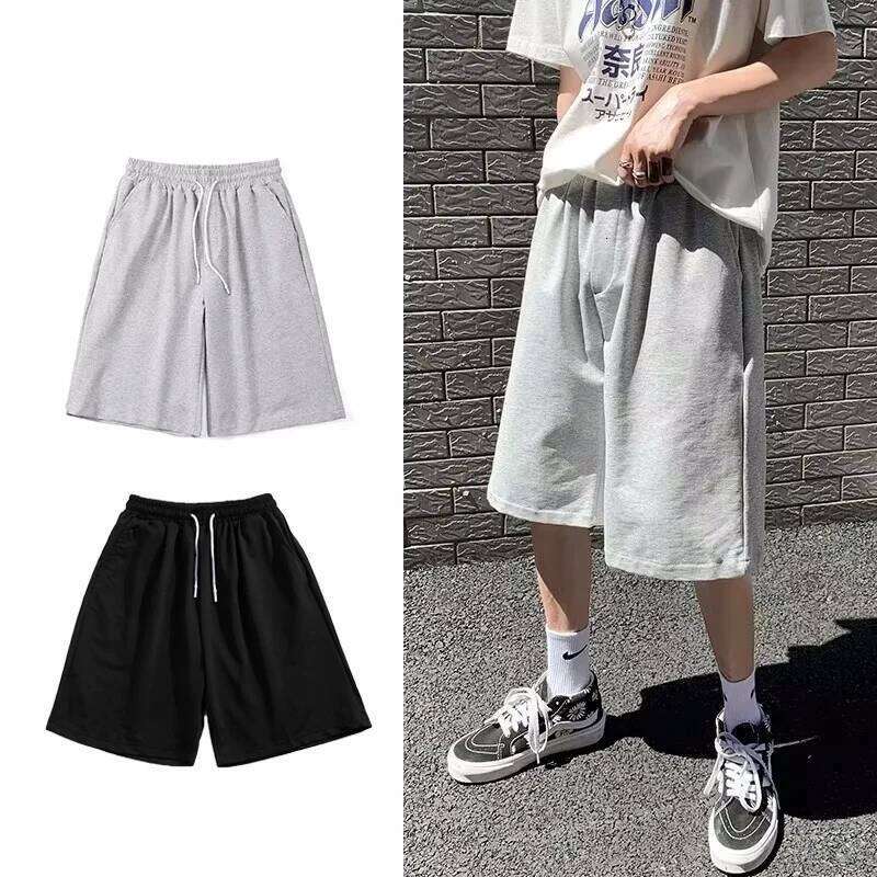Summer New Y2K Solid Color Cotton Loose Men's Sports Pants Street Wear Simple Drawstring Straight Casual Shorts Male Z260314