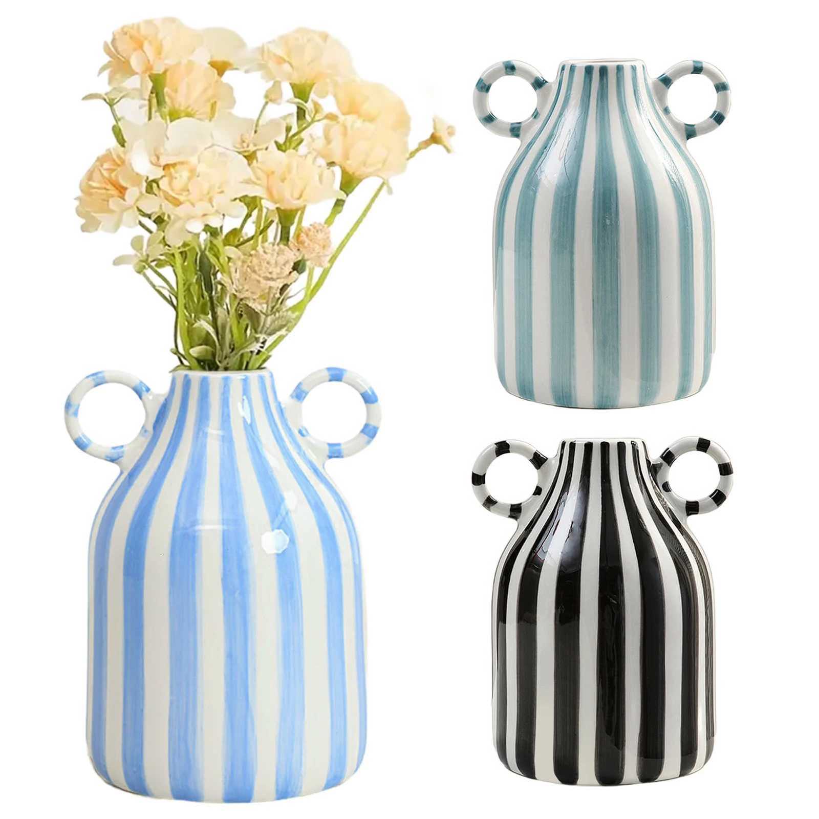 Nordic Style Art Vase Ornament Double Ear Striped Ceramic Vase Hydroponic Flower Cutting Bottle Home Decoration Flowerpot Y260314