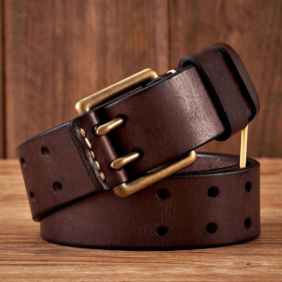 3.8cm Wide Vintage Men's Cowhide Genuine Leather Copper Double Needle Buckle Handmade Jeans Belt Fashion Male Strap Z260226