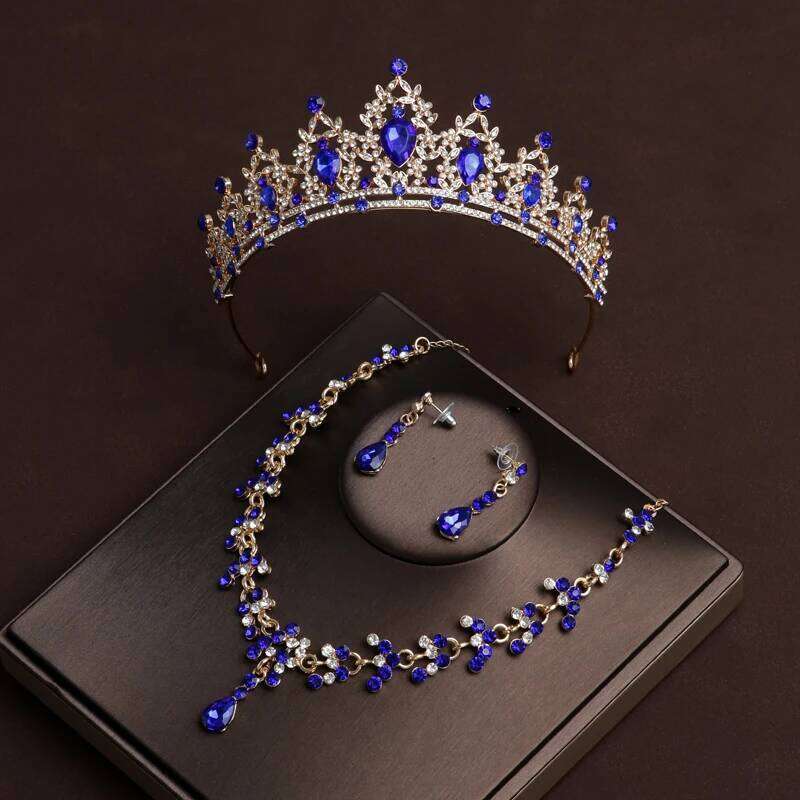 Itacazzo Bridal Headwear Crown Necklace Earrings Four Piece Set of Blue Colour Women's Exquisite Party Tiaras Z260313