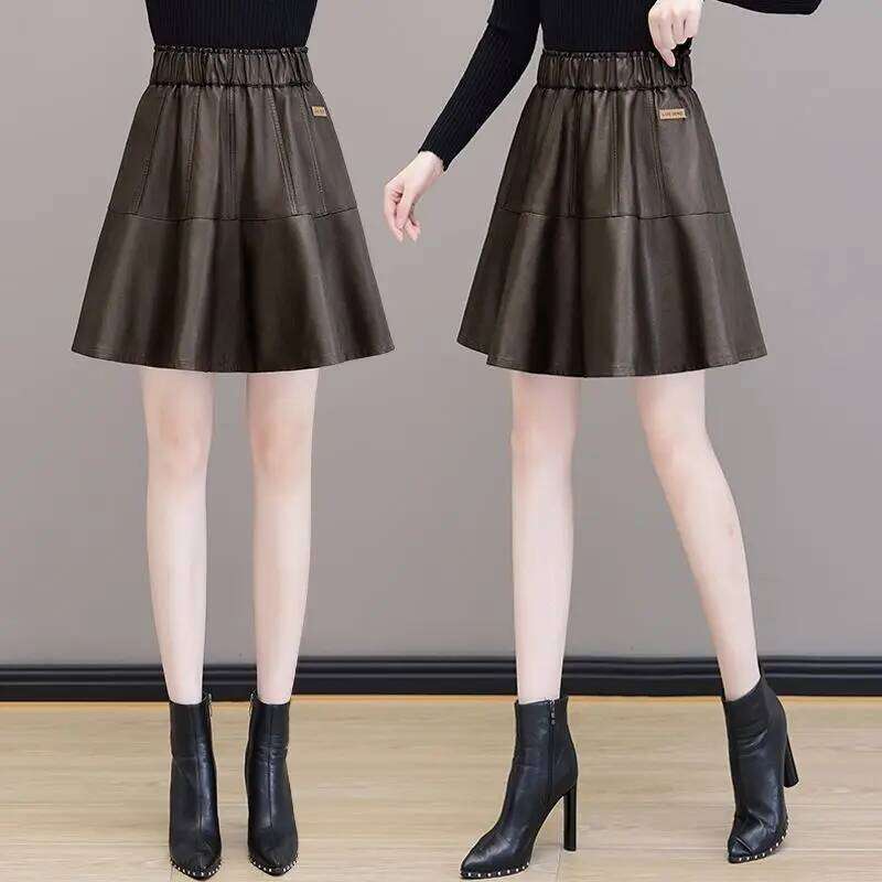 Simplicity Office Lady Autumn Winter New Women Solid Korean Fashion Chic Elastic High Waist Short Slim A-line PU Leather Skirt Z260314