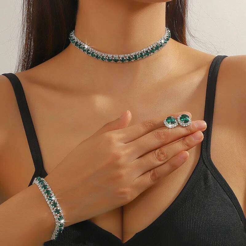 FYUAN Luxury Earring Bracelet Black Green Blue Gold Color Crystal Necklace for Women Weddings Bride Jewelry Sets Z260313