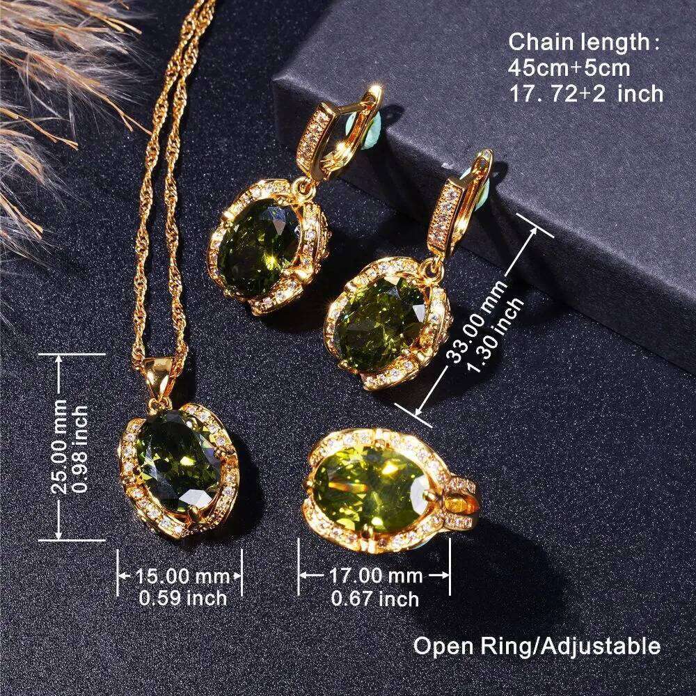 Elegant Sparkling Necklace Bracelet Ring And Earrings In Retro Olive Green Zirconia 18K Gold-Plated Jewelry Set Z260313