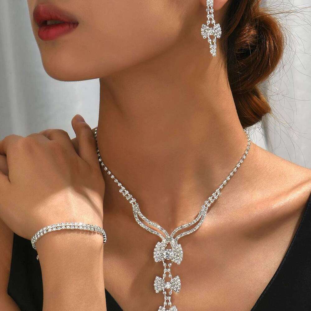 4PC women's fashionable rhinestone bow design necklace earrings bracelet jewelry set suitable for weddings, parties, festivals, Z260313