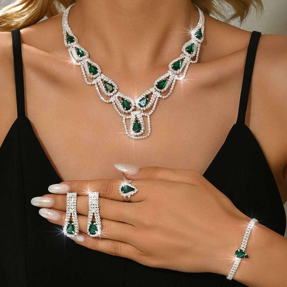 Full diamond design, fresh and simple two-color necklace, ring, earring, bracelet combination, four piece set Z260313